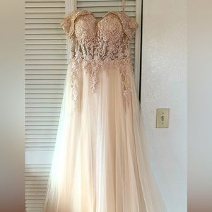 COPY - Champagne colored, off the shoulder, prom or wedding dress